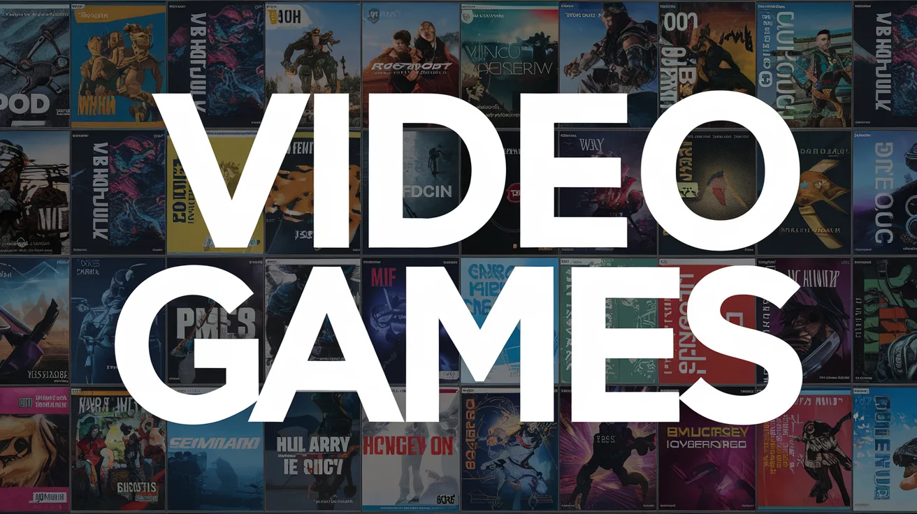 A stock photo photograph of a banner ad style image with various video game cases in a row. There is a large text saying 'Video Games' in front of the game cases. The background is white.