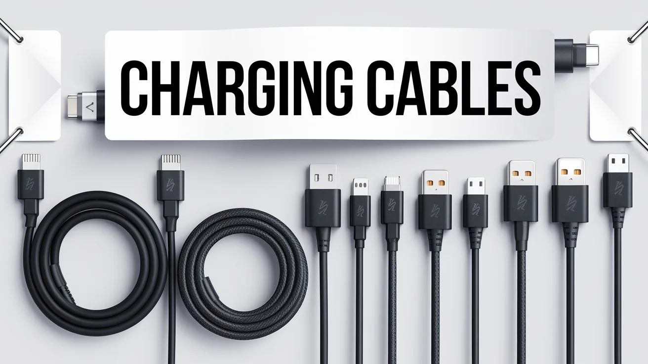 A stock photo photograph of various charging cables in a row. There is a banner ad style image with the text "Charging Cables" above the cables. The cables are of different types and lengths, with some being coiled and others being straight. The background is white.